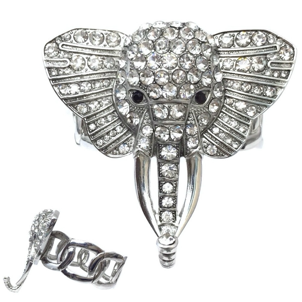 Large Rhinestone Silver Tone Elephant Statement Stretch Bracelet